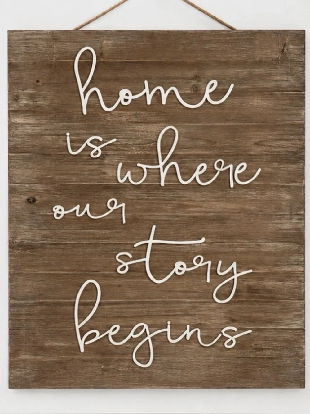 Rustic Brown Wood Wall Sign with White Script - Home Is Where Our Story Begins